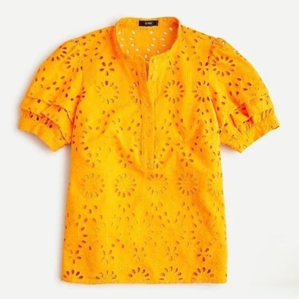 NWT J. Crew Size 3X Puff-Sleeve Popover Top In Eyelet Sweet Marigold Embroidered